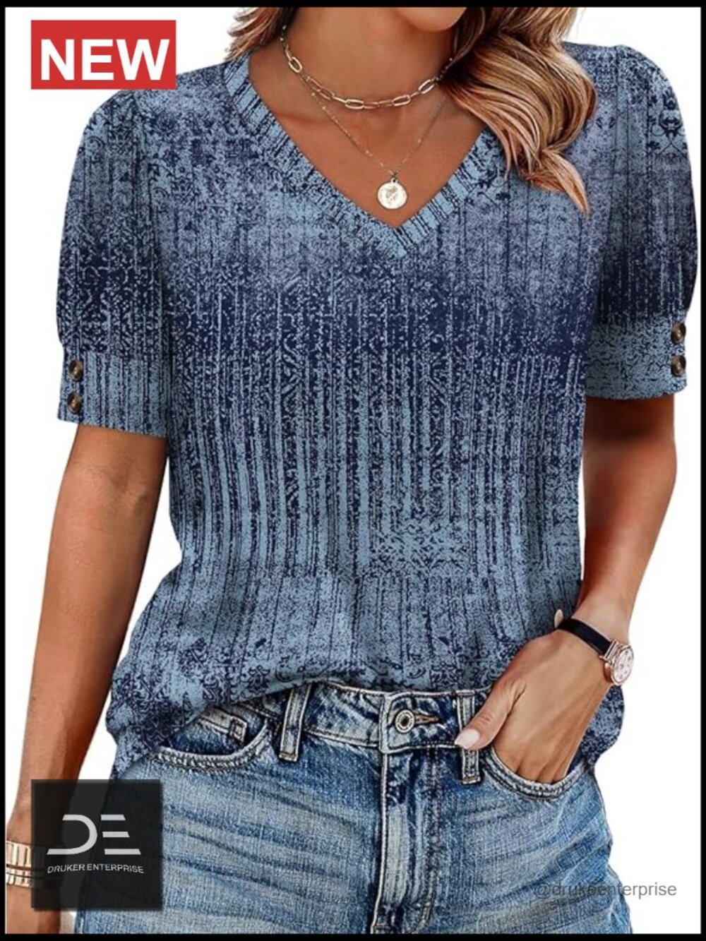 Polyester Spandex Blend V-Neck Short Sleeve Blouse Loose Fit